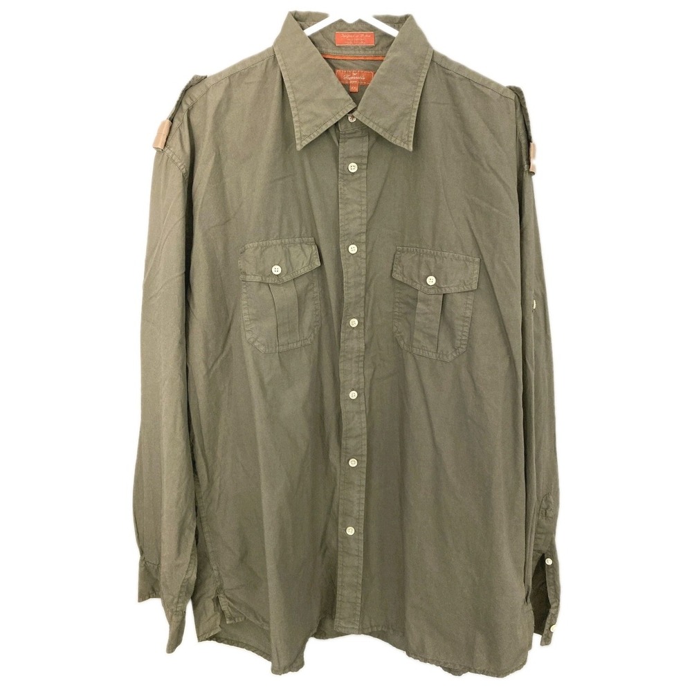 Vtg Faconnable Shirt Men 2XL Green Solid Long Sleeve Button Up Utility Military